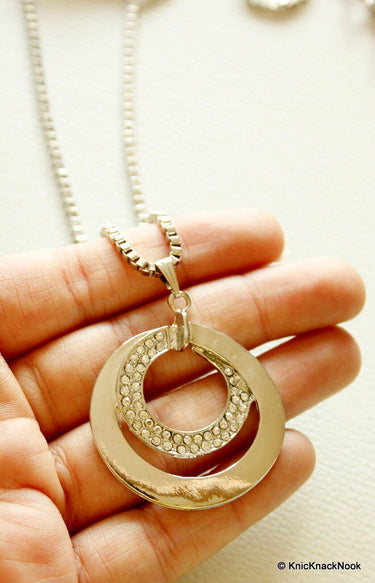 Silver Pendant, Round Crystal Rhinestone Pendant Long Chain Necklace